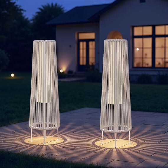 Grand patio Outdoor Floor Solar Light 2-Pack, Wicker Solar Patio Lamp Waterproof Outside Deck Lamp for Porch, Yard, Garden, Lawn Decorations - White, Gordes 2 PCS