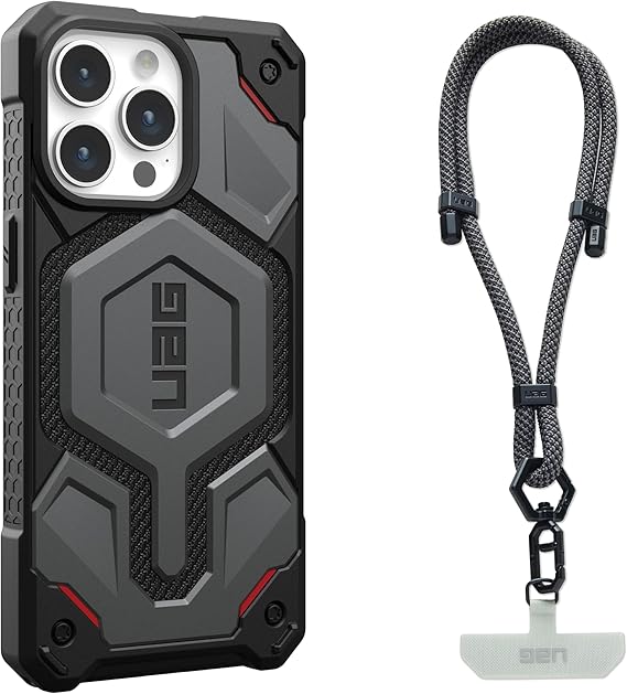 URBAN ARMOR GEAR UAG Designed for iPhone 15 Pro Max Case Monarch Pro Kevlar Silver 6.7" Bundle with UAG Civilian Phone Lanyard Adjustable Wrist Strap Graphite/Black