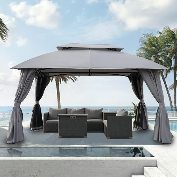 Grand Patio 10x13 Gazebo Double Soft Top Canopy Anti-UV Shelter with Privacy Curtains and Netting for Patio Deck Backyard Garden Lawns