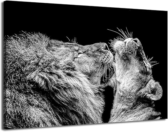 HPUXSYIO Canvas Wall Art Print - Lion Couple Black and White Lion Male Lion and Lioness Wall Art for Office Living Room Home Decor (12x18inch,Framed - Ready to Hang)