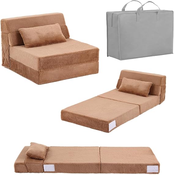 Folding Sofa Bed with Pillow, 4-in-1 Floor Couch Sleeper Chair, Fold Out Guest Mattress Chair Bed with Side Pocket, Boneless Couch for Living Room, Dorm, Home Office, Kids Size, Plush Brown