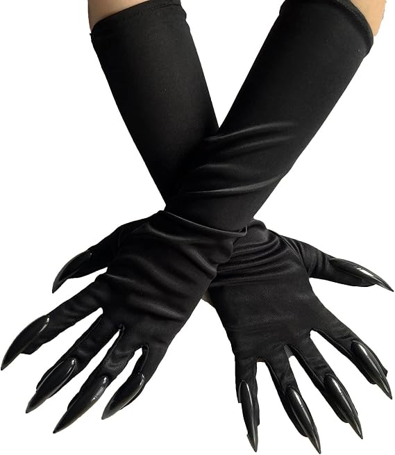 Halloween Cat Woman Paw Gloves - Black Party Gloves with Long Fingernails and Claws - Cosplay Costume (1 Pair)