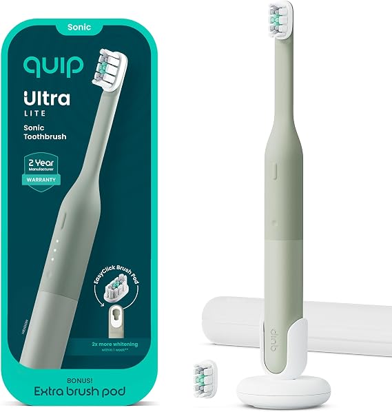 Quip Ultra Lite Sonic Electric Toothbrush, Slim Lightweight Design, 3 Brushing Modes, 15X More Plaque Removal, Pressure Sensor & 30-Day Battery, Meadow Green