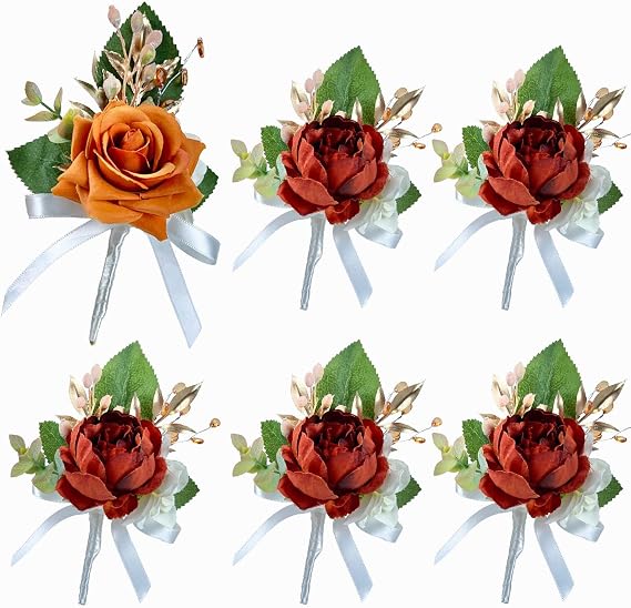 CherishedMoments 6Pcs Burnt Orange Boutonniere for Men,with Pins,Groom