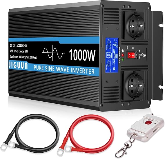 JIGUUN 1500 Watt Pure Sine Wave Power Inverter 24v DC to 110/120v AC Inverter 3 AC & USB Output, Car Converter with LCD Display for Home RV Camping Emergency