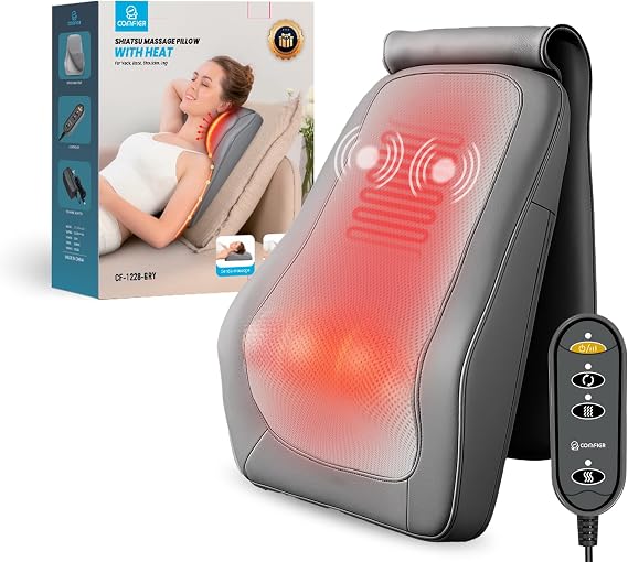COMFIER Shiatsu Back Massager with Heat & Vibration, Knead Neck Shoulder Massager for Pain Relief Deep Tissue, Neck Massage Pillow, Portable Lower Back Massager for Chair, Car, Home Office Use - Gray
