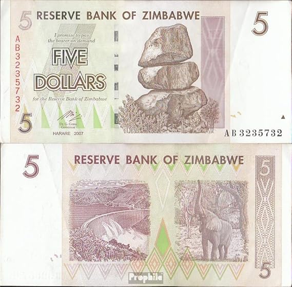 Prophila Collection Banknote zimbabwe Pick-number: 66 used (III) 2008 5 US dollars (money for collectors - no means of payment) Other mammals (monkeys/dinosaurs/elephants ...)