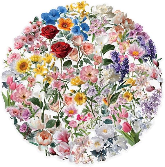Aesthetic Floral Polyester Stickers, 50 PCS Waterproof Realistic Flowers Decals for Laptops, Scrapbooking, Journals, Notebooks, Water Bottles, Suitcases, Phones & DIY Decor