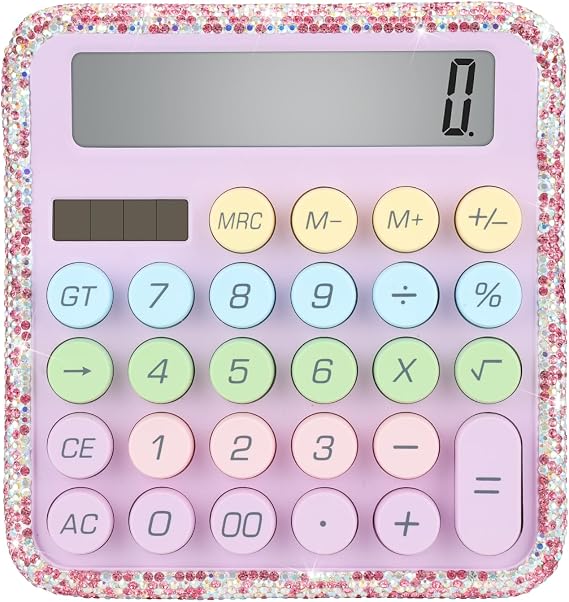 Bling Crystal Colorful Standard Calculator with 12 Digit Display and Big Buttons,Suitable for Office,School,Home & Business Use (Pink)