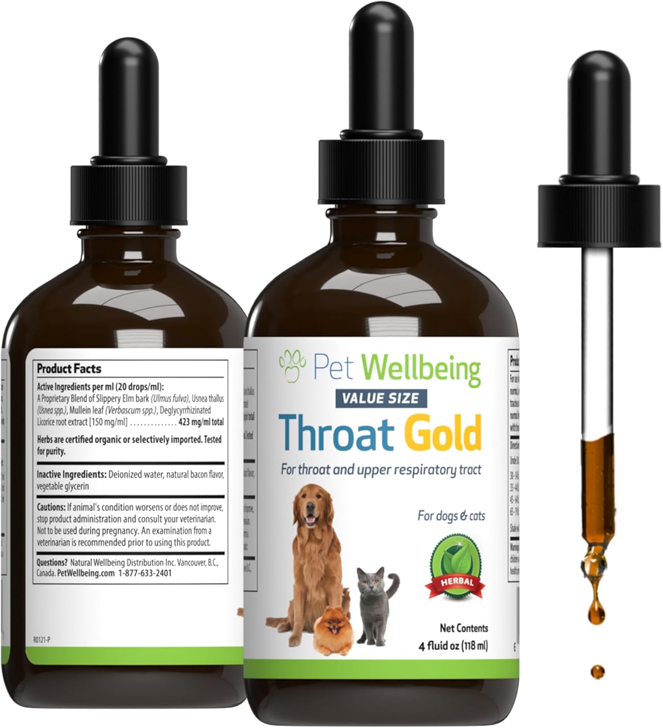 Pet Wellbeing Throat Gold for Dogs - Supports Throat Comfort, Upper Respiratory Health, Slippery Elm, Mullein, Occasional Throat Hoarseness - Veterinarian-Formulated Herbal Supplement 4 oz 118 ml
