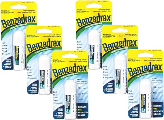Benzedrex Nasal Decongestant Inhaler Medicated Vapor Relief for Sinus Pressure, Nasal Congestion, Allergies, Hay Fever & Colds (Pack of 6)