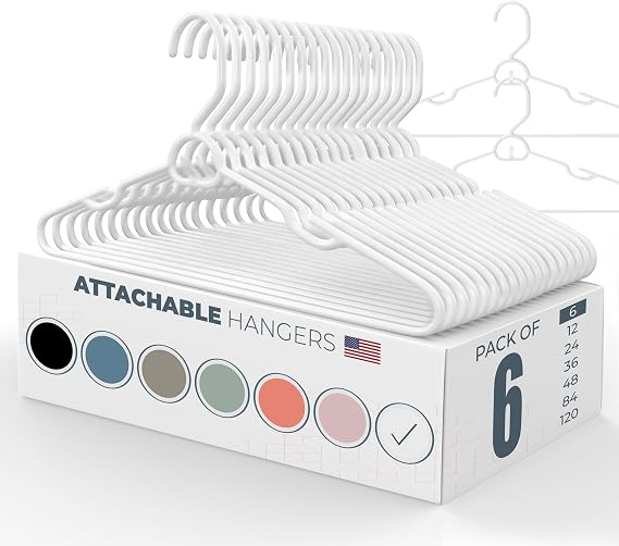 6pk Attachable Clothes Hangers - Heavy Duty Plastic Hangers for Closet Organization, Saving Space for Pants, Shirts, and Coats - Closet Space Triangles - Made in USA