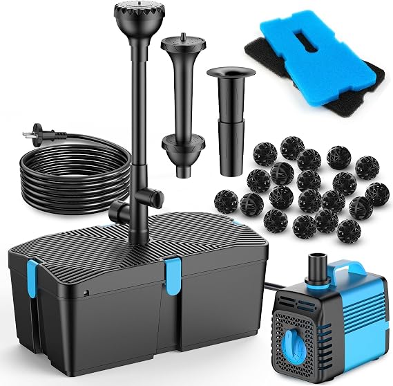 Pond Pump with Filter and Fountain Set 50W 2500L/H Pond Pump and Filter Kit Pond Filter for Outdoor Ponds Clean Koi Pond Filter