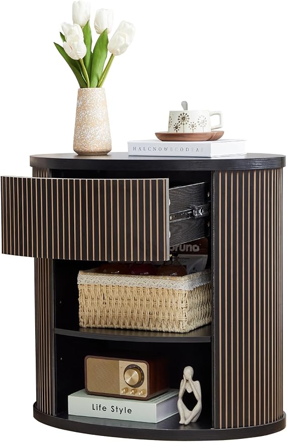 Fluted Round End Table with Storage, Mid Century Modern Side Table with Drawer and Open Shelf, Small Night Stand Table for Dorm, Bedroom, Sofa Side Table for Living Room - Black