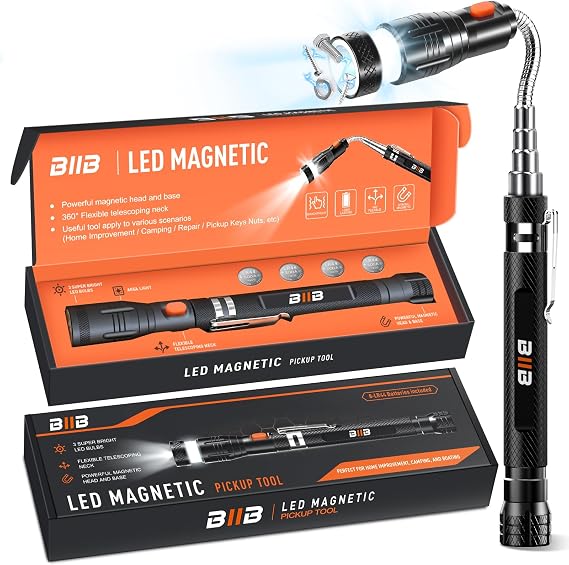 BIIB Gifts for Men, Extendable Magnetic Pickup Tools with LED Flashlight