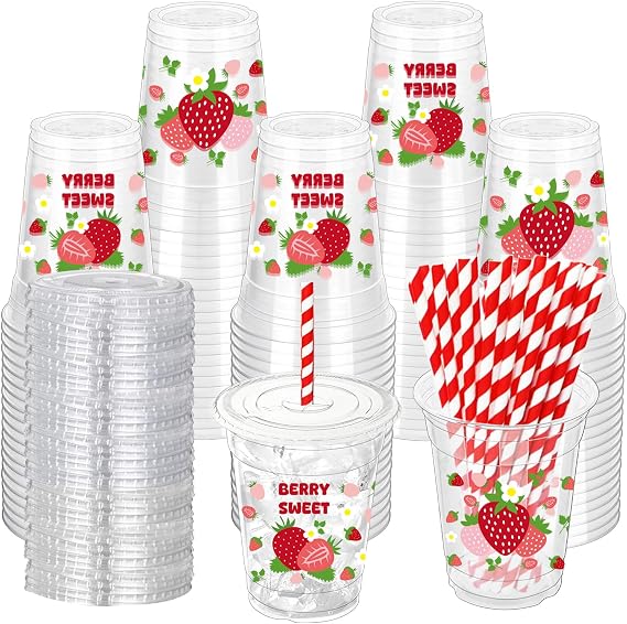 50 Pcs Strawberry Plastic Cups with Lids and Straws, 12 oz Disposable Cups Pink Clear Strawberry Party Drinking Cups Supplies for Summer Spring Party Birthday Baby Shower Supplies