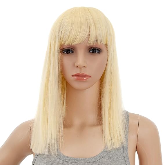 SWACC 14 Inches Short Straight Medium Shoulder Length Wig with Blunt Cut Bangs and Bottom End Synthetic Heat Resistant Hair Wigs for Women with Wig Cap (613 Blonde)