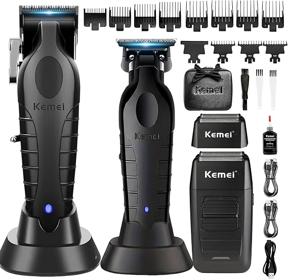 KEMEI Professional Hair Clippers for Men, Cordless Barber Clippers, Beard Trimmer and Electric Shaver Set with Replacement Heads, KM-2299, KM-2296, KM-1102
