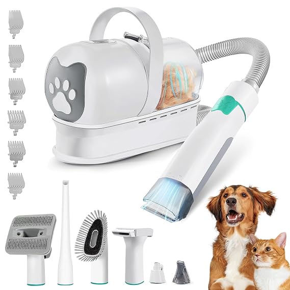 7-in-1 Ultra Quiet Dog Cat Grooming Vacuum Kit | 400W Powerful Suction, Hair Removal Tool for Shedding Pets | Professional Clippers & Deshedding Brush for All Furry Animals