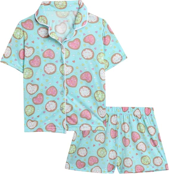 Rene Rofe Girls Pajama Set - 2 Piece Button Down Girls Sleep Shirt and Lounge Shorts Youth Kids Sleepwear Set