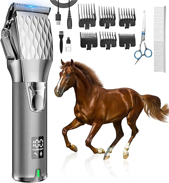 Rechargeable Horses Clippers, Cordless Pet Hair Trimmer Shaver with 6 Guide Guards, 2500mAh Large Battery Capacity Electric Grooming Kit for Livestock Animal Thick Coat, Light Weight 0.8lbs