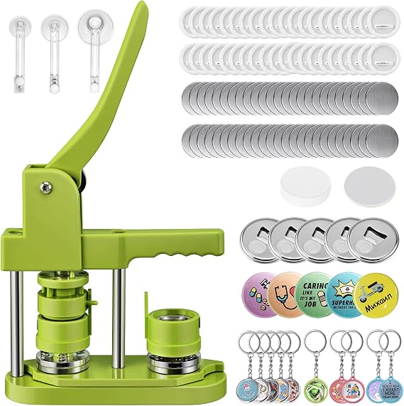 Badge Maker Button Machine Multiple Sizes DIY Pin Maker Badge Press Machine with 10 Bottle Opener, 10 Key Chain Suits, Molds & Round Paper Cutter DOYFAY (Green, DC109P320)