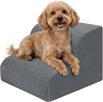 Dog Stairs for Small Dogs, 2-Steps Dog Ramp for Couch, Pet Stairs with Highly Supportive Foam and Non-Slip Bottom, Pet Steps for Cat & Doggie High 11.8Inch