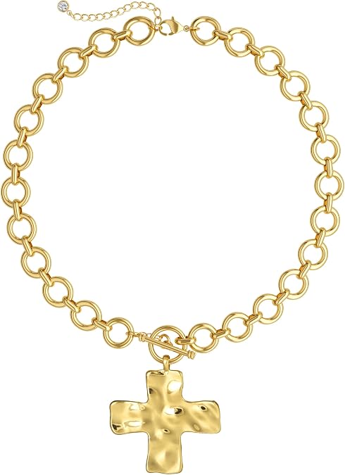 CHESKY 14K Gold Plated Chunky Cross Necklace for Women, Statement Cross Necklace Big Hammered Bold Cross Heart Pendant Necklace Trendy Gold Toggle Necklaces Vintage Jewelry