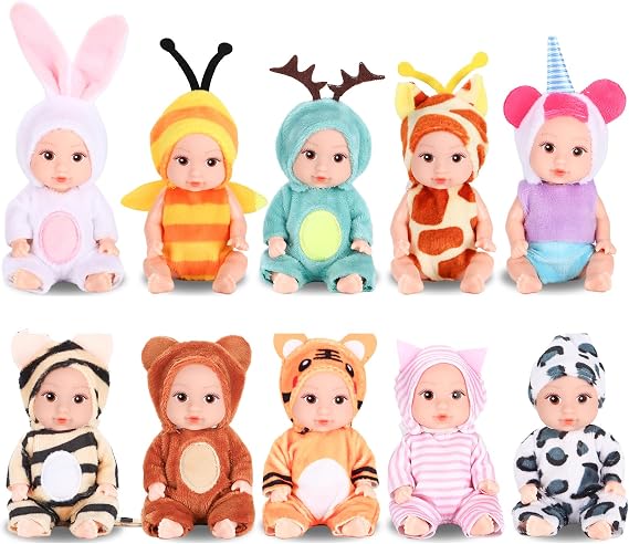Vueos 10 Pcs 4 Inch Mini Baby Dolls Playset with Handmade Animal Clothes | Lifelike Realistic Baby Dolls Cute Small Baby Doll Gifts Set for Toddlers Girls Kids 3+