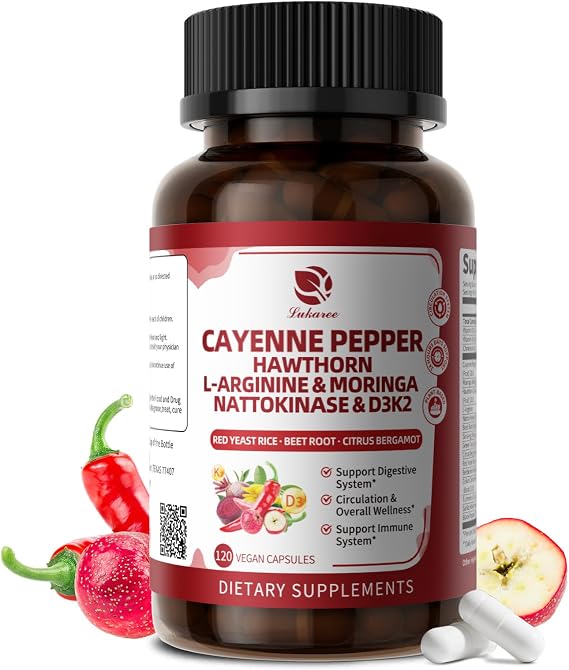 Cayenne Pepper Enteric-Coated Capsules for Circulation, Heart & Digestion* | 18 in 1 Concentrated Complex w/ Nutrient Beet Root, Hawthorn, L-Arginine & D3K2 - for Women and Men - Natural | GMP, 120 Ct