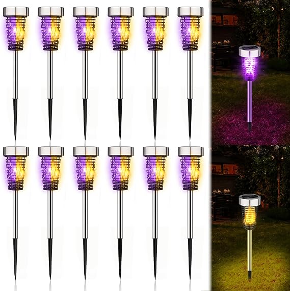12 Pack Outdoor Solar Bug Zapper, Purple and Fire Light, Silver
