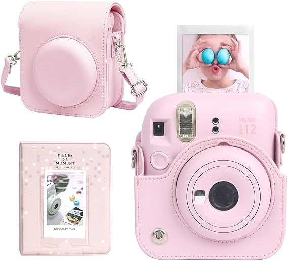 CAIYOULE Camera Case for Fujifilm Instax Mini 12 Instant Film Camera | Protective Camera Case, Camera Crossbody Bag for Fuji Mini 12 with Photo Album, Adjustable Shoulder Strap, Blossom Pink