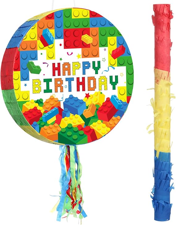 Jexine Birthday Block Pinata Set Birthday Building Pinata with Blindfold, Bat, Stick Blocks Party Supplies for Carnival Fiesta Party Supplies Event Decoration