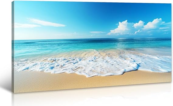 DJSYLIFE Large Blue Beach Canvas Wall Art, 20"x40" Seascape Print | HD Print, Fade-Resistant, Ready to Hang, Ocean Pictures Wall Decor for Home, Living Room, Bedroom, Bathroom, Office