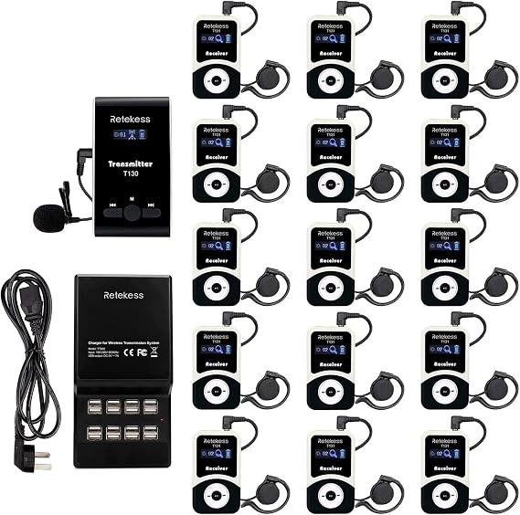 Retekess T130 Wireless Tour Guide System, Church Translation System, Clear Sound Quality, 16 Port Desktop USB Charging Station, Tour Guide Headsets for Church, School(1 Transmitter 15 Receivers)