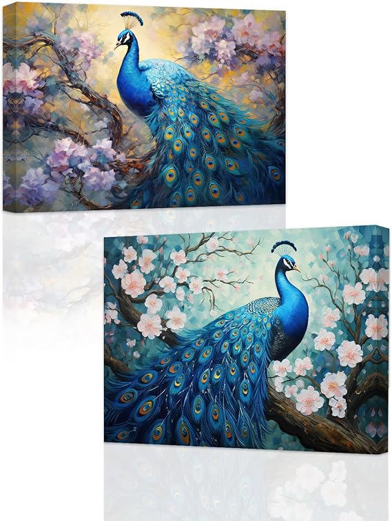 ZXHYWYM Peacock Wall Art - 2 Pieces Blue Peacock with Flower Canvas Print - Elegant Peacock Pictures - Beautiful Birds Painting for Home Decor - Frame (11"x14"x2)