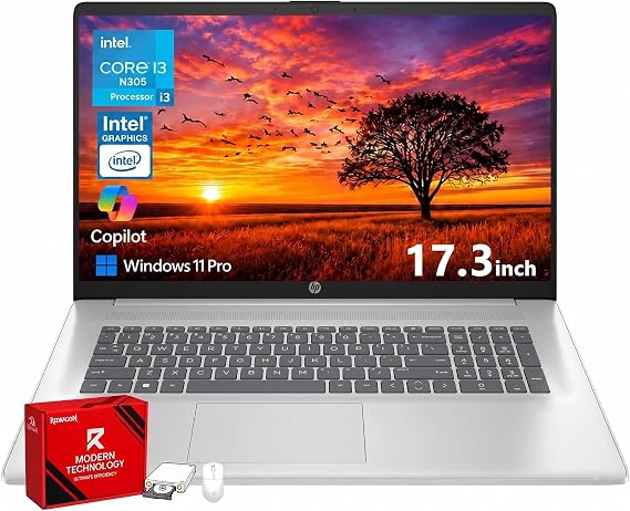 HP 17 Inch FHD Laptop Computer for Business & Students 16GB RAM 512GB SSD | Intel i3-N305 8 Core Processor, 17.3 inch FHD IPS Display, Windows 11 Pro, Copilot AI Key, Fast Charging, Wi-Fi 6