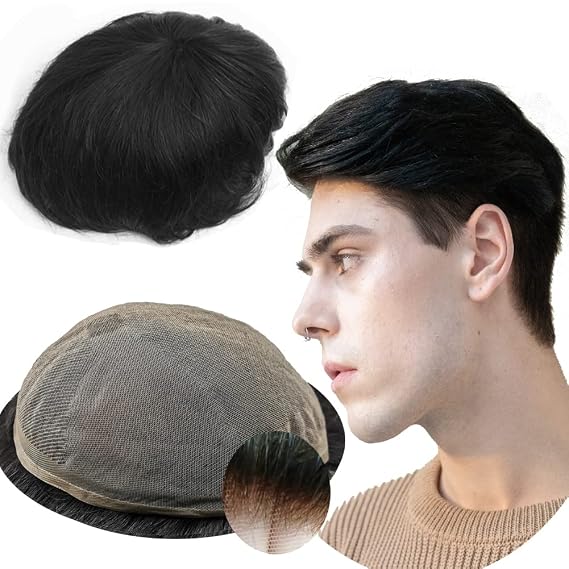 Toupee for Men - Real Human Hair Replacement System - Fine French Lace Hairpiece - Customizable Hair Units - Natural-Looking Hair Pieces - Hair Prosthesis - #1 Jet Black - 8x10
