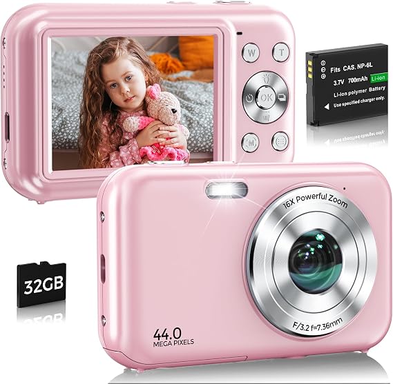 Digital Camera, FHD 1080P 44MP Vlogging Camera with 32GB Card (Pink) | Anti-Shake 16X Zoom Compact Travel Point and Shoot Digital Camera for Beginners Teens