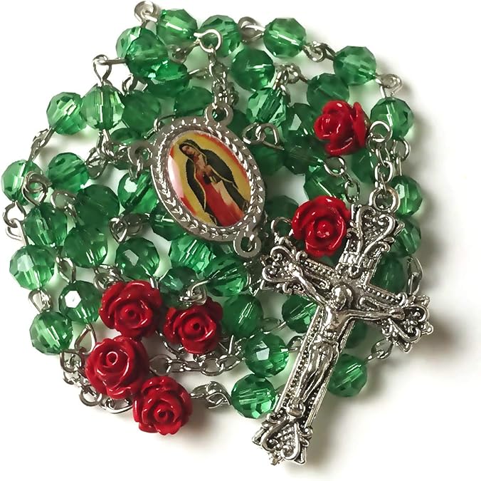 Our Lady of Guadalupe Emerald Green Crystal Cut Acrylic and Red Rose Rosary Beads Catholic for Women