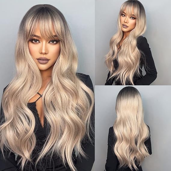 HAIRCUBE Blonde Wig Ash Blonde Wig with Bangs Ombre Brown to Blonde Wig Long Curly Wigs for Women Heat Resistant Synthetic Wig Natural Curly Wig for Daily Life Party Cosplay Dating Taking Photos