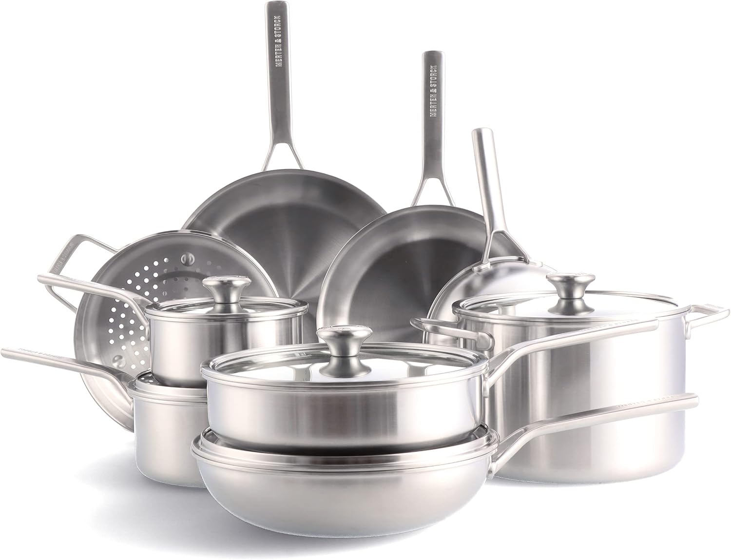 Merten & Storck Tri-Ply Stainless Steel Cookware Set 14 Pieces Pots & Pans Measuring Scale Drip-Free Pouring Rim Robust Glass Lids Suitable for Induction Oven and Dishwasher Safe Silver