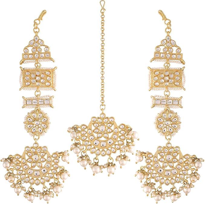 Aheli Kundan & Lariya Studded Maangtikka & Long Dangle Earrings Set Bharatanatyam jewellery set for Women