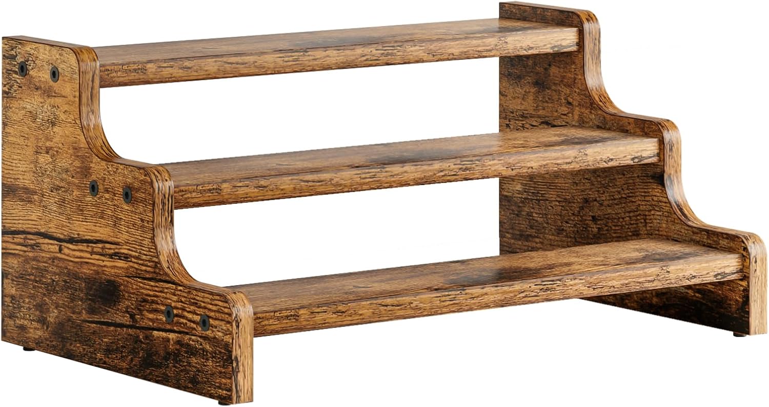 KLM 3 Layer Spice Rack, 13.8 inch Wooden Step Rack Countertop Spice Storage Holder, Kitchen Pantry Cabinet Organizer Cabinet Spice Bottles, Jars, Spices, Baking Supplies