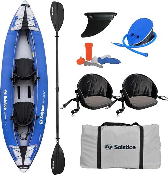 SOLSTICE Inflatable Kayak Boat Durable, Portable & Adventure-Ready, Heavy Duty PVC Adjustable Bucket Seat, Bungee Storage, Skeg & Pump Included, 1-2 Person Tandem, Durango, Blue, 11' | Converts between 1 and 2 person seating; 1000 denier fabric-reinforced cover; includes bungees and spray skirt