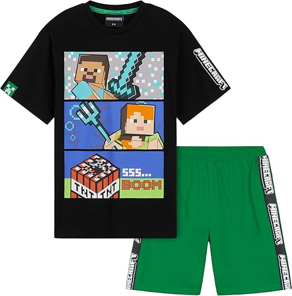 Minecraft Pajamas Set for Boys with Crew Neck T Shirt and Elastic Waist Shorts, Soft Lounge Wear, Creeper Gifts for Gamers