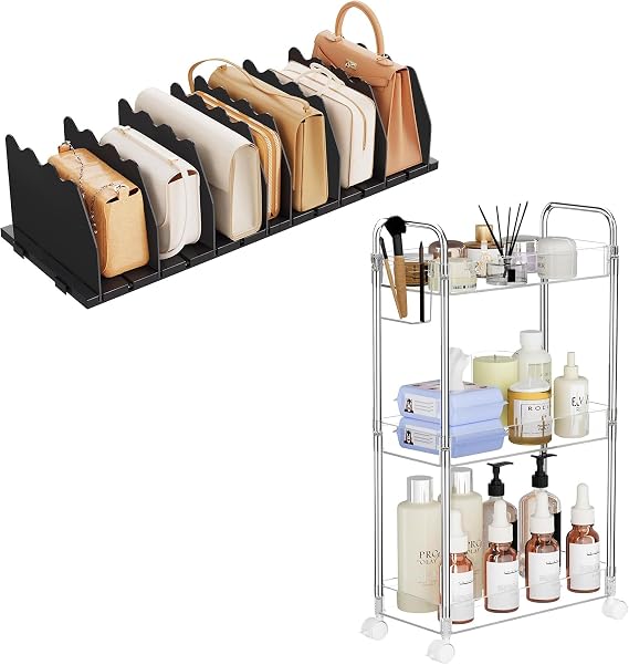SPACEKEEPER Clear Storage Organizer Set:Black Shelf Divider+ Rolling Storage Cart