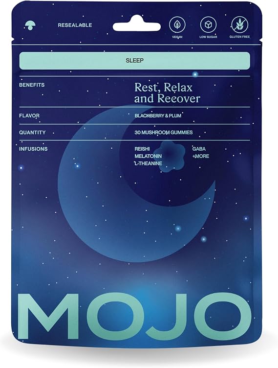 Mojo Sleep Gummies - Non-Habit Forming Sleep Aid - with Magnesium, GABA, Reishi Mushroom, L-Theanine and Melatonin - Vegan, Non-GMO - Black Berry and Plum, Pack of 1 (30 Gummies)