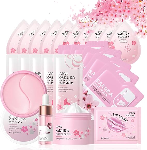 Skin Care Sets & Kits, 24PC Cherry Blossom Skincare Set Skin Care for Teenage Girls, Pamper Sets for Women with Face Cream,Face Serum,Lip Mask,Sleep Mask,Eye Mask,Mud Mask,Cleanser