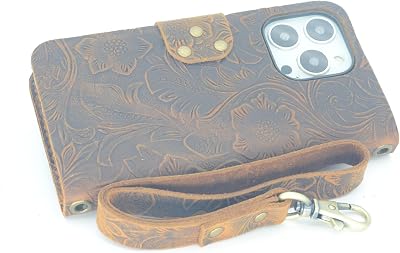 JJNUSA Compatible with iPhone 13 Pro Max Handmade Genuine Distressed Leather Wallet Case Flip Cover with Wristlet Brown